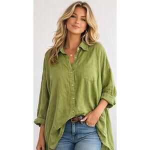 Saga 100% Linen One Size Boho Shirt Dress Pocket Lagonlook Large XL 1x Green